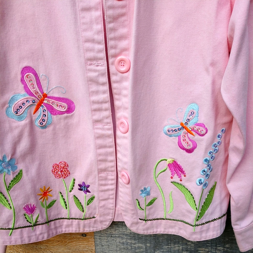 Pink Denim Jacket Embroidered Front Medium Purchased in Caribbean EUC - Picture 9 of 13